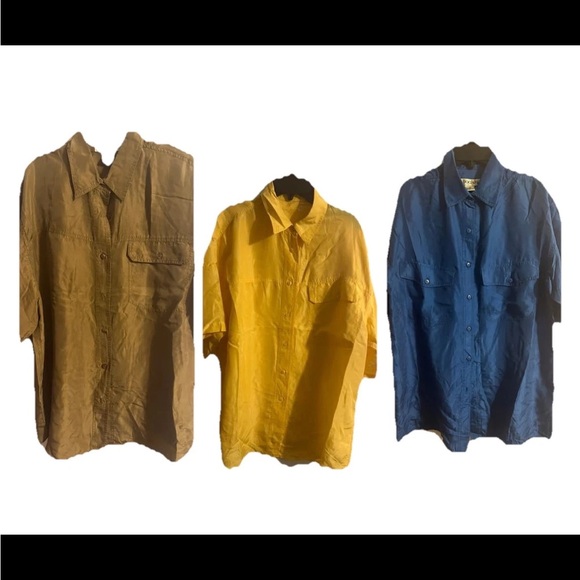 Vintage oversized 100% Silk Short Sleeve Pockets Button up lot of 3 large . - Picture 1 of 9